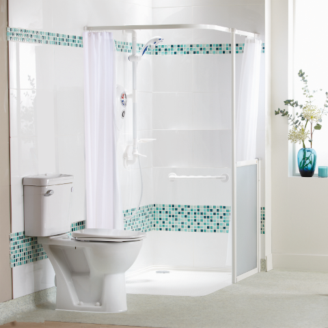 Compact bathroom upgrade replacing a bathtub with a walk-in accessible shower.