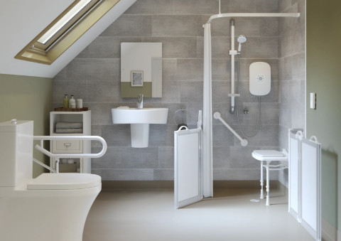 A practical and accessible shower room designed for safe and easy use with a walking frame, featuring a level-access shower and supportive handrails.