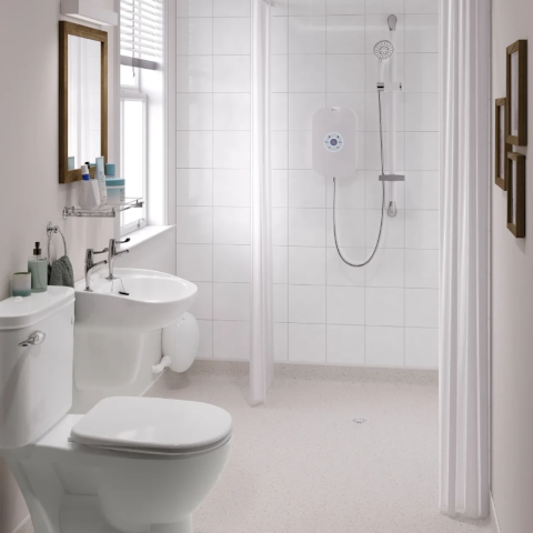 Spacious easy-access walk-in shower for elderly, disabled, and wheelchair users.